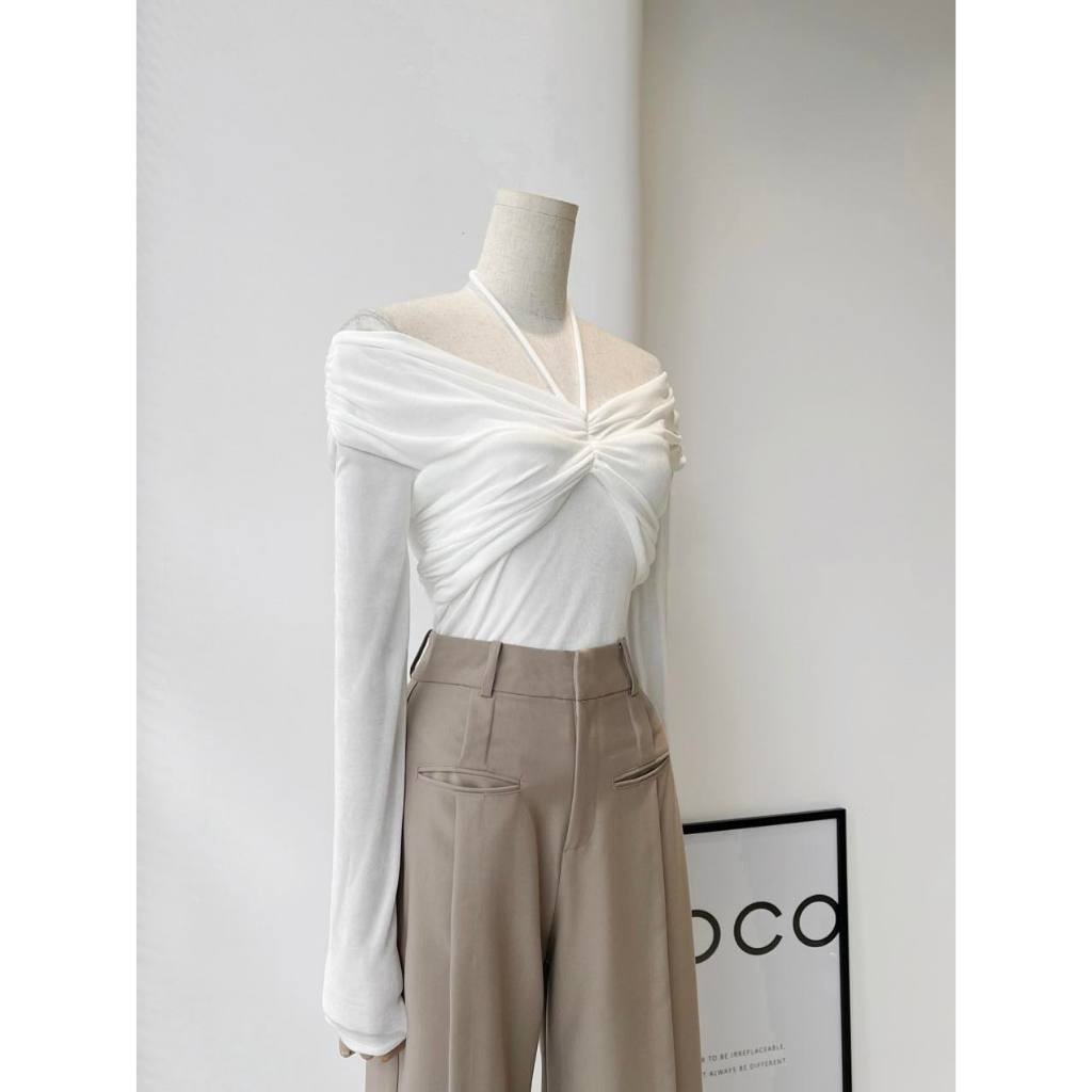 Áo thun ánh kim tay dài nhún ngực cột dây yếm 3 màu sang chảnh