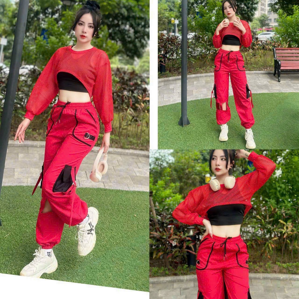 Sét 3 chi tiết  áo bra + áo lưới dài tay + quần jonger cá tính thể thao tập gym, zumba, erobic ,...
