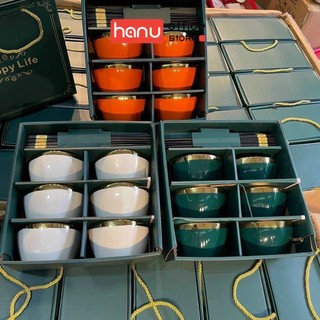 Bát ăn cơm 6 món kèm đũa mạ vàng và hộp đựng, Bộ chén dĩa, Chén sứ, Bộ 6 bát ăn cơm viền vàng cao cấp