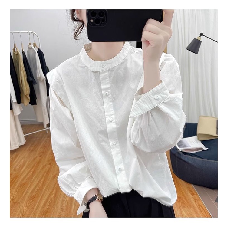 Áo Sơ Mi cotton Cổ Đứng Tay Dài Phồng Dáng Rộng Thời Trang Mùa Thu Hàn Quốc 2023 Dành Cho Bạn Nữ