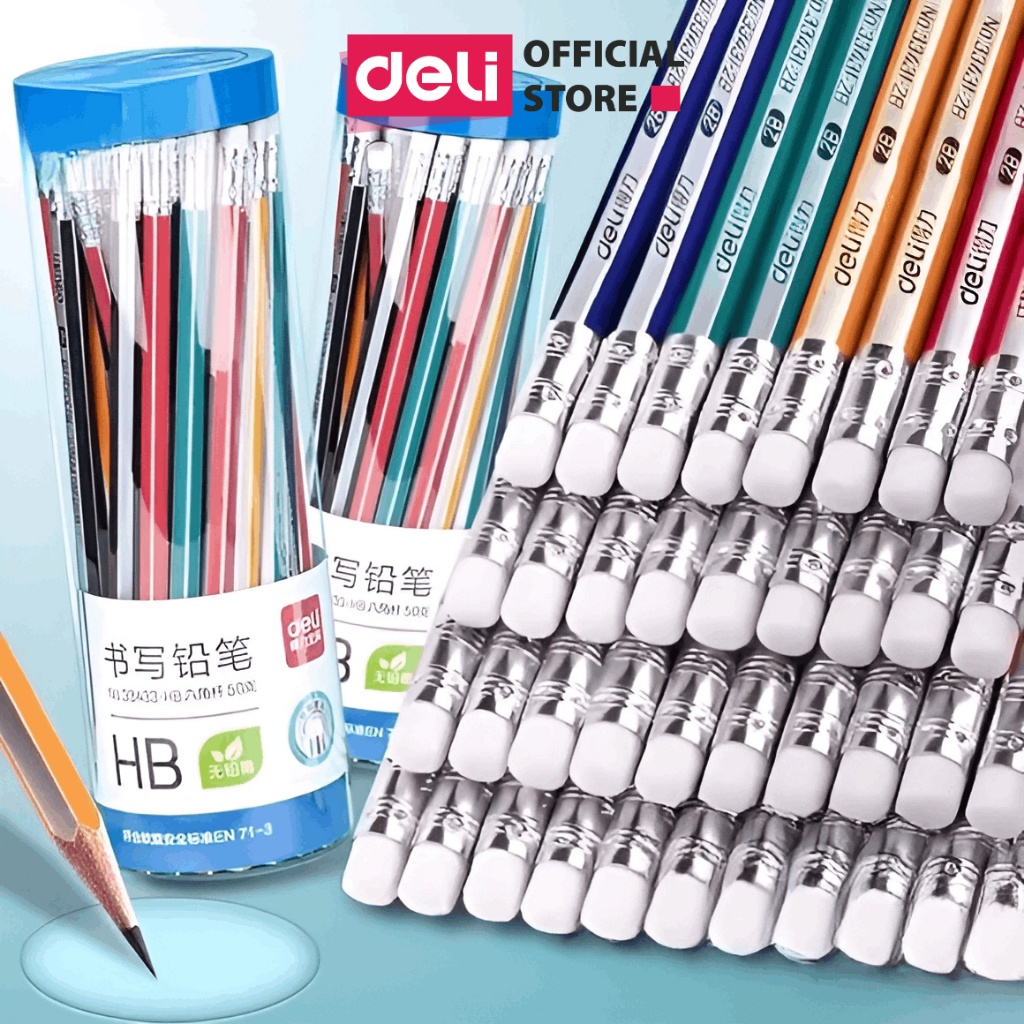 Bút Chì Gỗ 2B Deli Kèm Đầu Tẩy - Chì Đậm An Toàn Nhạy Với Máy Chấm Thi Phù Hợp Học Sinh Văn Phòng Luyện Chữ
