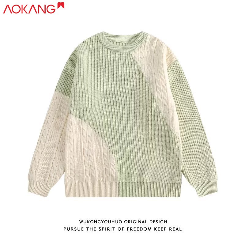 Aokang Áo sweater Dệt Kim Dáng Rộng Cổ Tròn Ghép Nối Màu Tương Phản retro Mùa Đông Cho Cặp Đôi