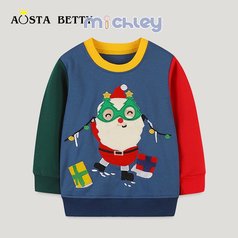 Michley Áo Sweater Thêu Hình Ông Già Noel Phối Màu Tương Phản Kiểu Âu Mỹ Thời Trang Mùa Thu Cho Bé Trai 2 Tuổi