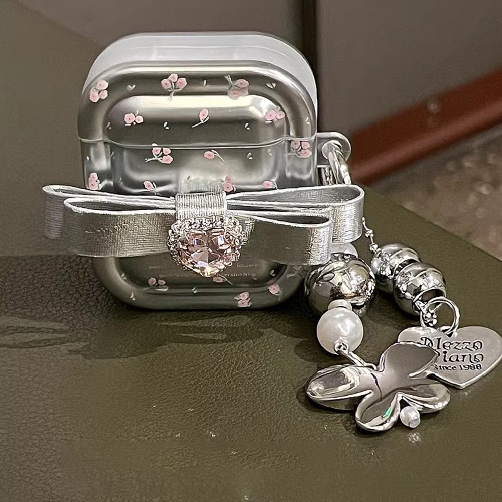 Thời Trang Vỏ Bảo Vệ Hộp Sạc Tai Nghe airpods 1 / 2 / 3 / pro 2 bluetooth Không Dây Bằng Silicon Hình Chiếc Nơ Màu Bạc Dễ Thương