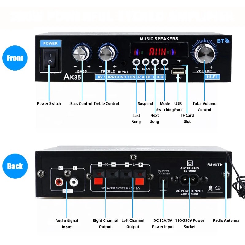 Ak35 800w Loa Khuếch Đại Âm Thanh Kỹ Thuật Số 100-240v 12v