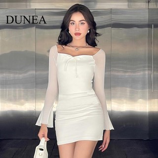 DUNEA Đầm Trễ Vai Phối Lưới Ôm Dáng Thanh Lịch Cho Nữ