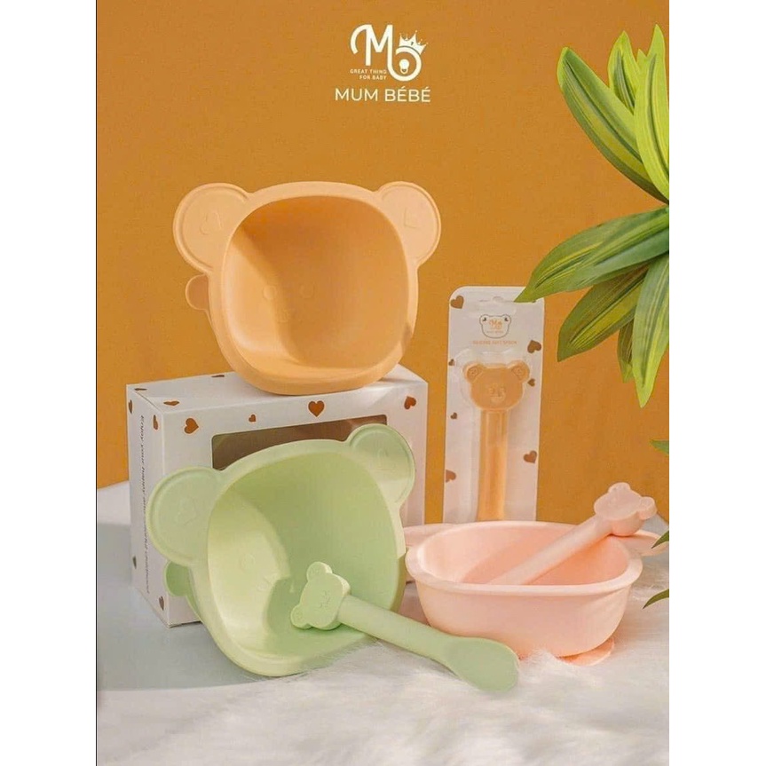 SET BÁT GẤU KÈM THÌA SILICON MUMBEBE CHO BÉ ĂN DẶM CÓ ĐẾ HÍT CHỐNG LẬT