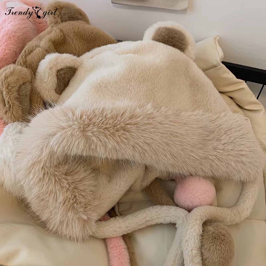 Mũ Trùm Đầu Vải Bông Dày Dặn Mềm Mại Giữ Ấm Tai Gấu Dễ Thương Có Dây Đeo Chống Gió Mùa Thu Đông Dành Cho Bạn Nữ Đi Xe Đạp Ngoài Trời