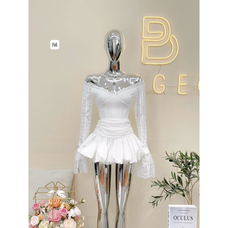 Set áo pha ren trễ vai chân váy