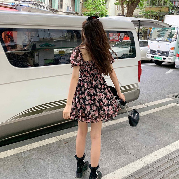 Mới Đầm Chữ a Xếp Ly Tay Phồng Cổ Vuông In Họa Tiết Hoa Phong Cách Pháp Thời Trang Mùa Hè Cho Nữ