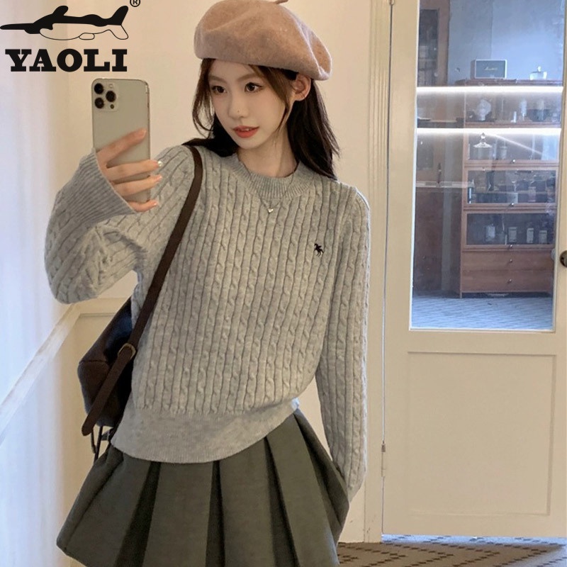 Yaoli Áo sweater Dệt Kim Chui Đầu Cổ Tròn Tay Dài Dáng Rộng Màu Trơn Thêu Họa Tiết Thời Trang Mùa Thu Cho Nữ