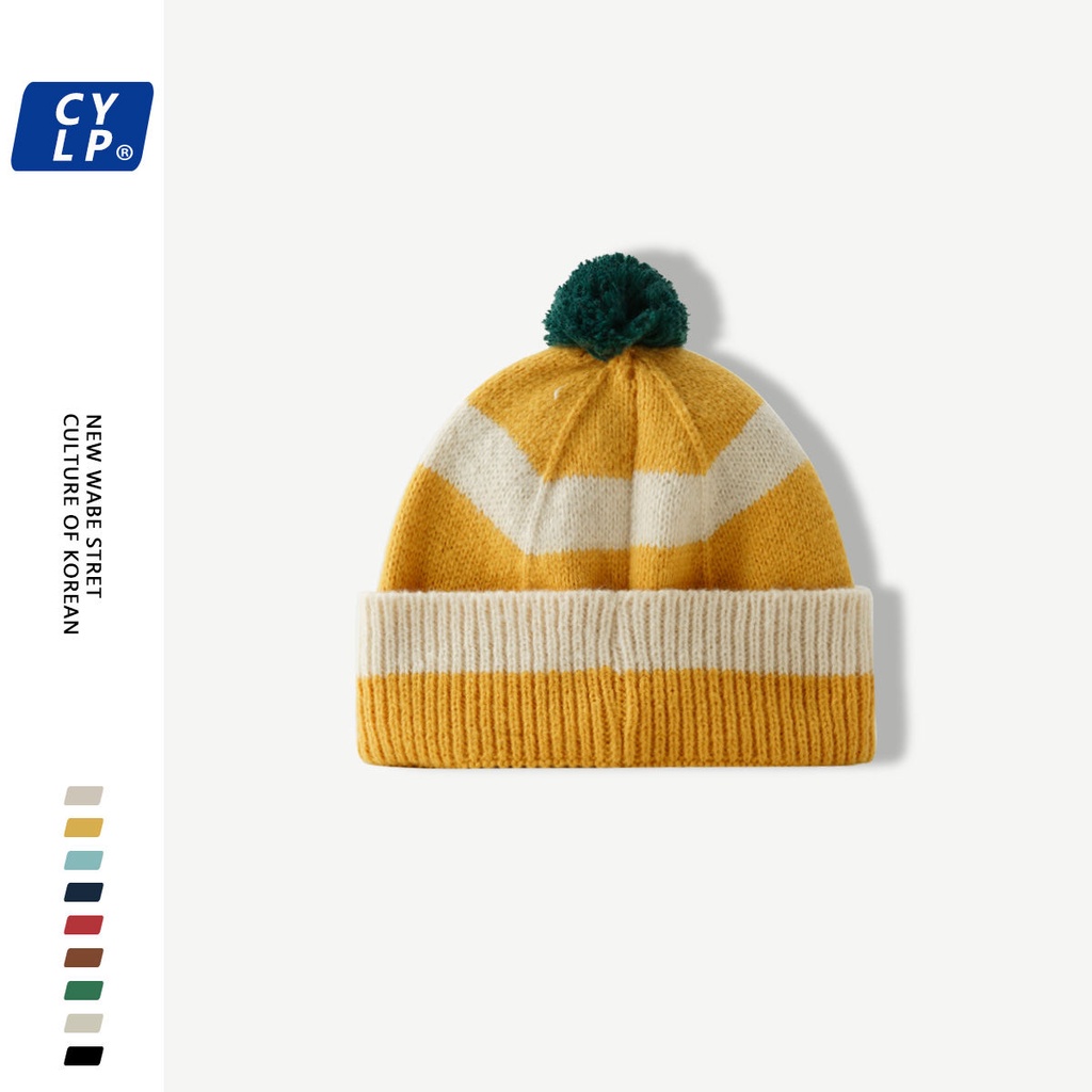 Mũ Len Kẻ Sọc Nhiều Màu Đính Quả Bông Dễ Thương Phong Cách Hàn Quốc Cho Nam Và Nữ