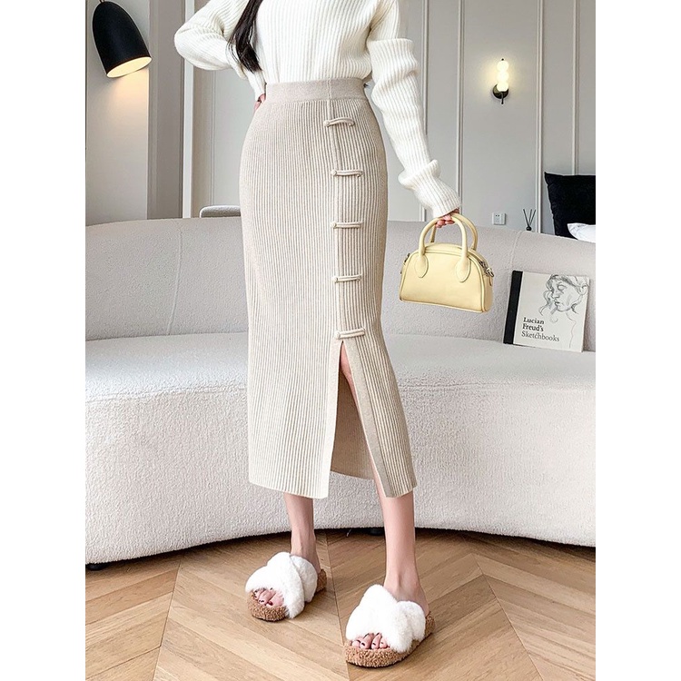 Đầm Lửng Dáng Ôm Xẻ Tà Một Bên Phong Cách Trung Hoa Thời Trang Thu Đông Hàng Mới 2023