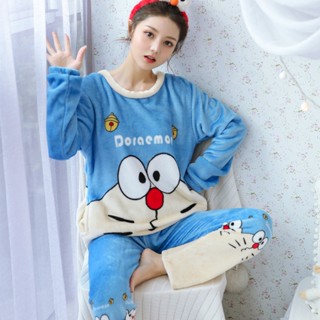 Doraemon Bộ Đồ Ngủ Chất Nỉ Dày Dặn Ấm Áp In Họa Tiết Mèo Kitty Dễ Thương Thời Trang Mùa Đông 2023 Cho Nữ