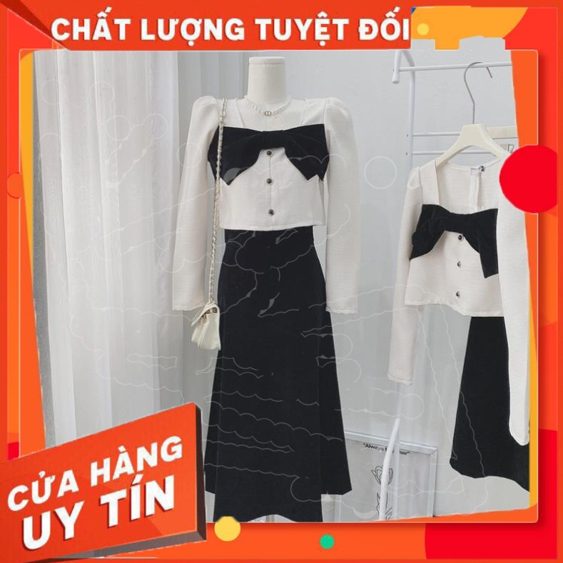 SS02 Sammi Shop Set Áo Dạ Nơ Ngực Mix Chân Váy Nhung Đen Dáng Dài Siêu Xinh Có Ảnh Thật