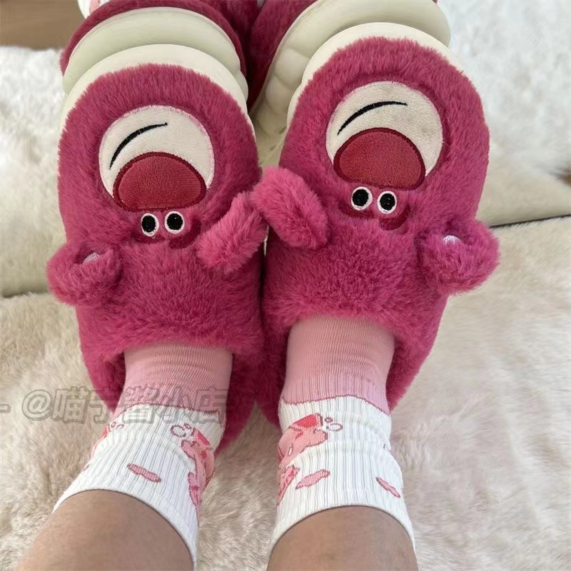 Dép Bông Đi Trong Nhà Đế Dày Tăng Chiều Cao Chống Trượt Hình Gấu Dâu Tây Dễ Thương