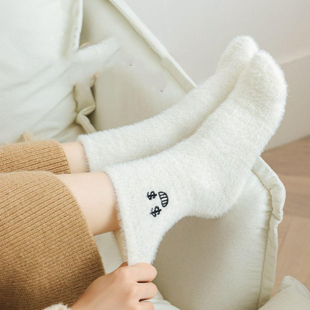 Lacyes Vớ Lông Cừu San Hô Ống Lửng Hình Đôi Mắt Nhỏ Màu Trắng Phong Cách harajuku Nhật Bản