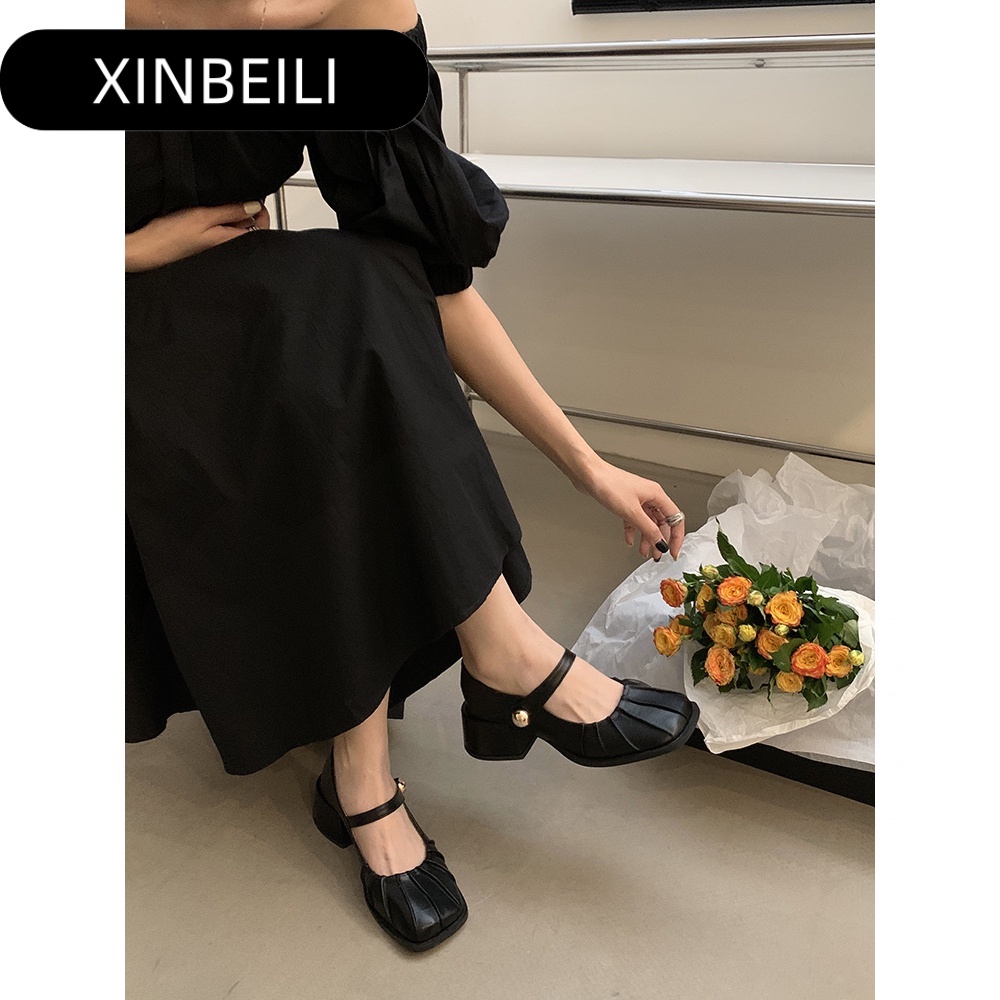 XINBEILI Giày búp bê Mary Jane   FBL23903DA 39Z230930 đế bệt có quai da mềm êm ái đế chống sốc điệu đà cho nữ