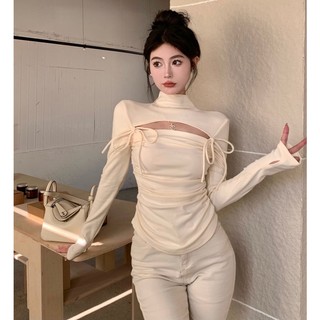 Áo Thun Tay Dài Cổ Cao Dáng Ôm Quyến Rũ Trẻ Trung Cho Bạn Gái