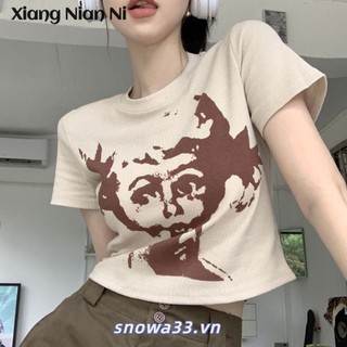 Xiang NIAN NI Áo thun ngắn tay in họa tiết cổ điển Mỹ dành cho nữ mùa hè 2024 mới hot girl ngắn dáng ôm vừa vặn rốn áo học sinh dành cho nữ