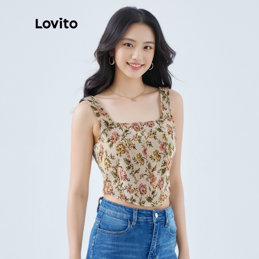 Áo croptop Lovito không tay cổ vuông họa tiết hoa vintage cho nữ L49ED016 (nhiều màu sắc)