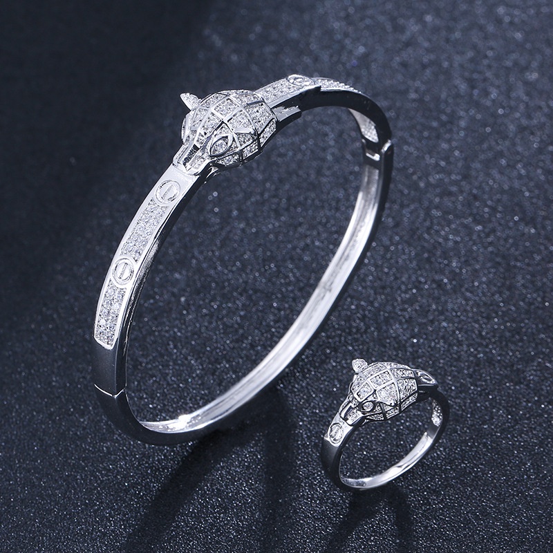 Bộ Trang Sức Nhẫn Và Vòng Tay Mạ Vàng 18k Hình Đầu Báo Thời Trang Âu Mỹ