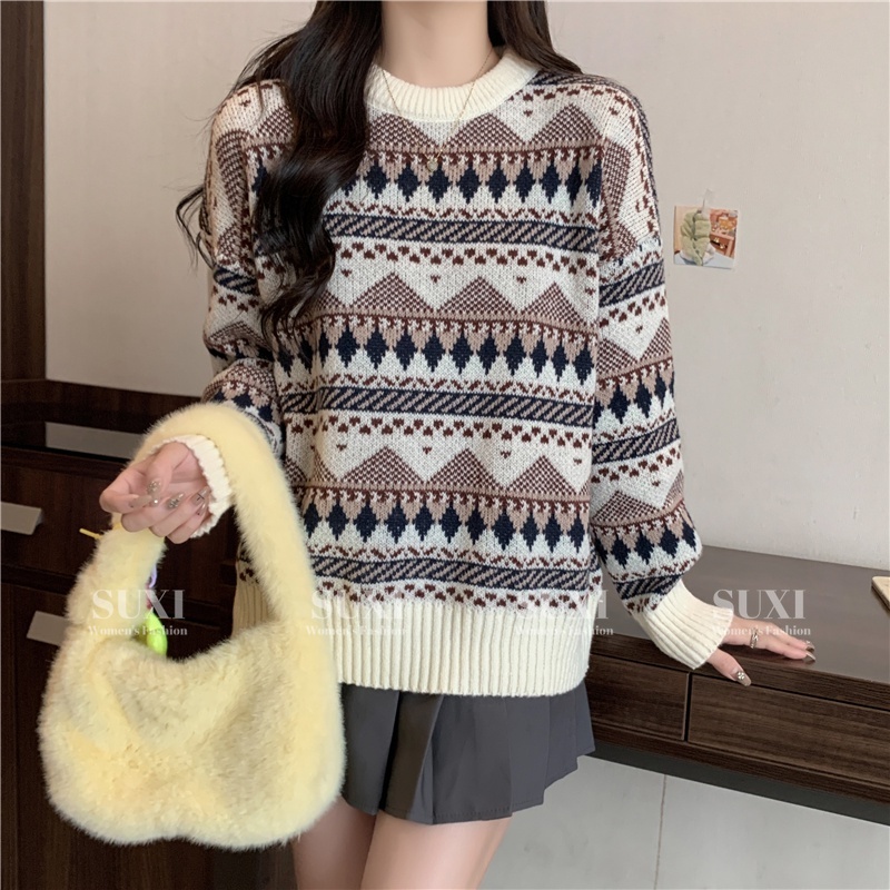 SUXI Áo sweater Dệt Kim Tay Dài Dáng Rộng Vải Mềm Kiểu vintage Thời Trang Thu Đông Cho Nữ