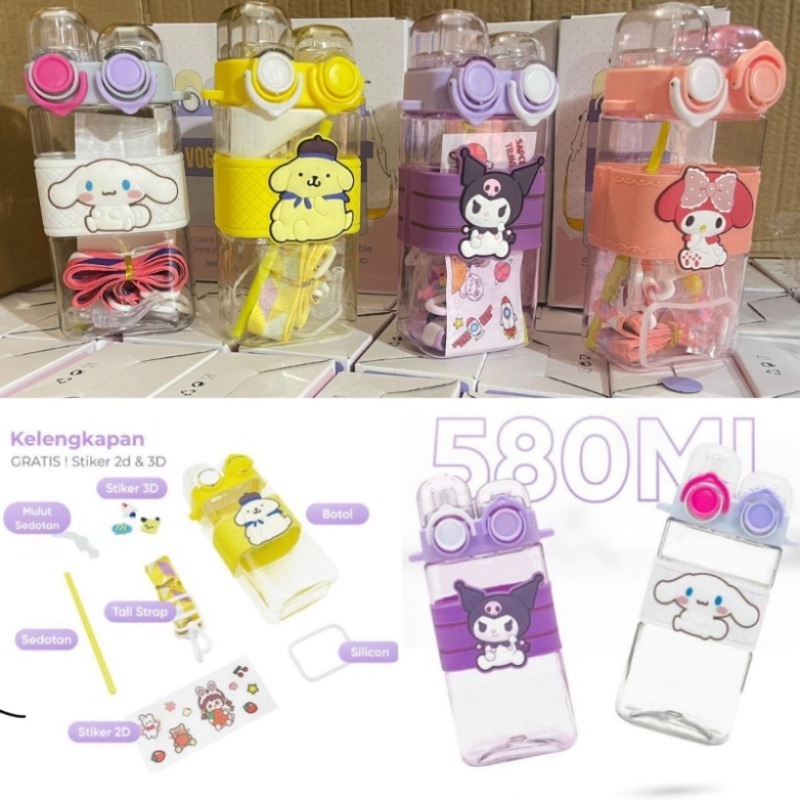 Bình Nước sanrio 580ml Có Ống Hút Và Dây Đeo Họa Tiết Hoạt Hình Dễ Thương