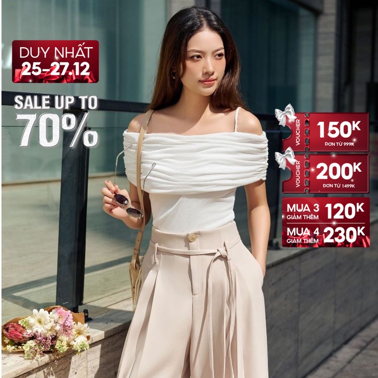 SALE UP TO 50% + VC 200K || JOVEN Áo Thun Meredith Dáng Trễ Vai Thanh Lịch Sang Trọng