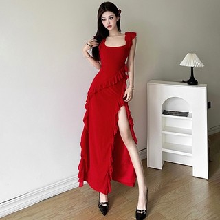Klalien Đầm maxi Không Tay Xẻ Tà Cao Dáng Ôm Màu Đỏ Trơn Đơn Giản Thanh Lịch Gợi Cảm Thời Trang Cho Nữ