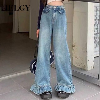 Quần Jean Dài Ống Rộng Ôm Dáng Phối Bèo Kiểu retro Thời Trang Cho Bạn Gái