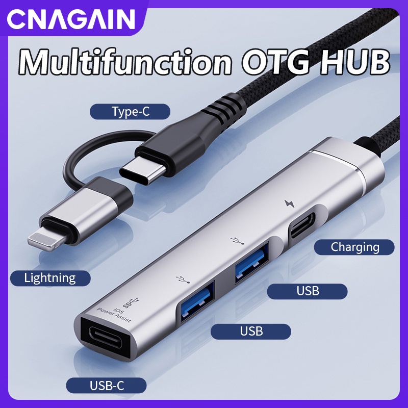 Hub Chia Cổng Lightning + USB Type C USB 2.0 OTG 4 Trong 1 Đa Năng Cho iPhone 15 / 14 / 13 Pro Max / iPad Air / PC / Android