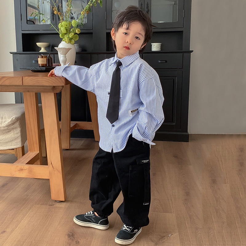 Áo Sơ Mi Tay Dài Kẻ Sọc Phong Cách Nhật Bản Thời Trang Thu Đông Dành Cho Bé 100-160cm