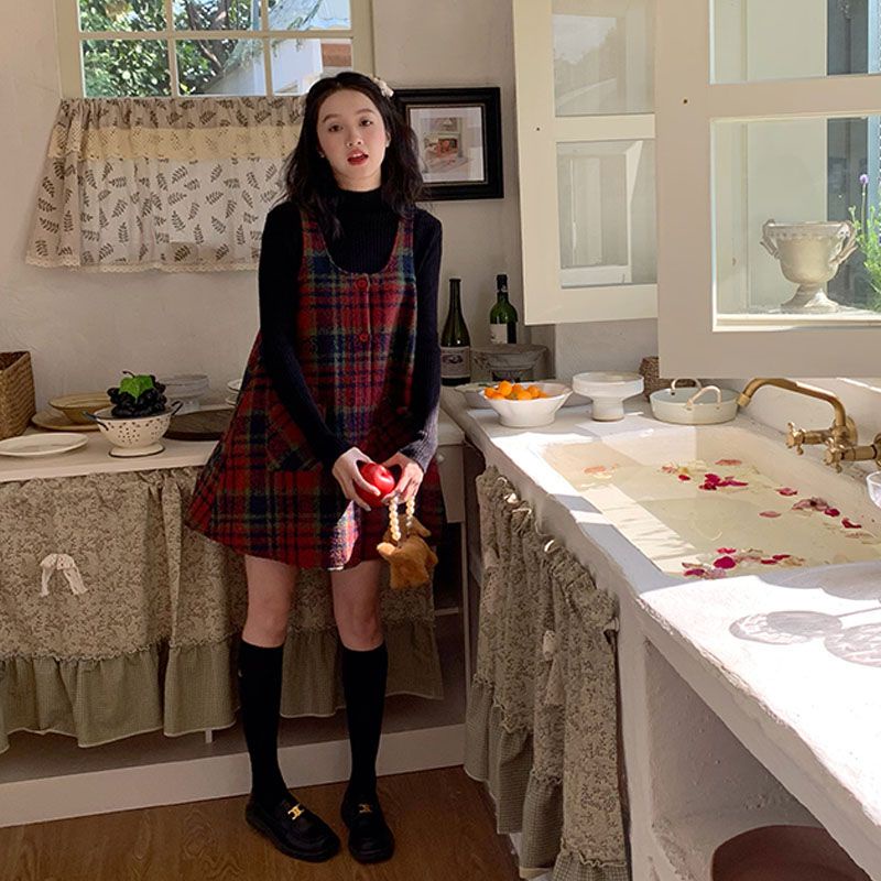 Đầm Yếm Len Sọc Ca Rô Dáng Rộng Thời Trang retro Cho Nữ