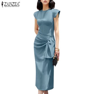 Zanzea đầm tay ngắn cổ tròn xếp ly thời trang hàn quốc cho nữ