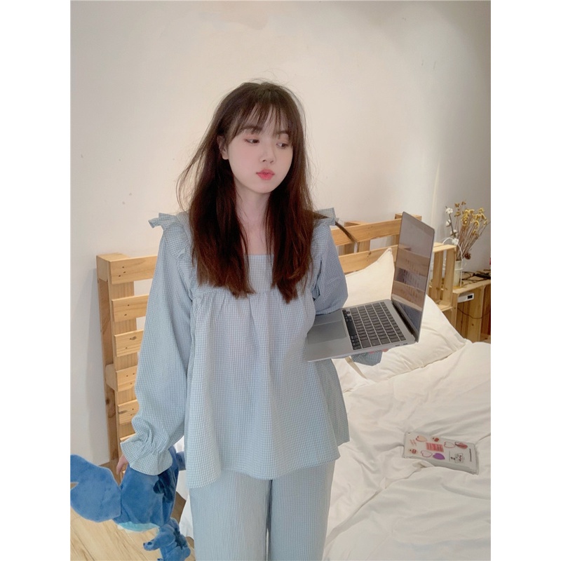 YAMI Bộ Đồ Ngủ Tay Dài Phối Bèo Họa Tiết Caro Dễ Thương Thời Trang Thu Đông Cho Nữ