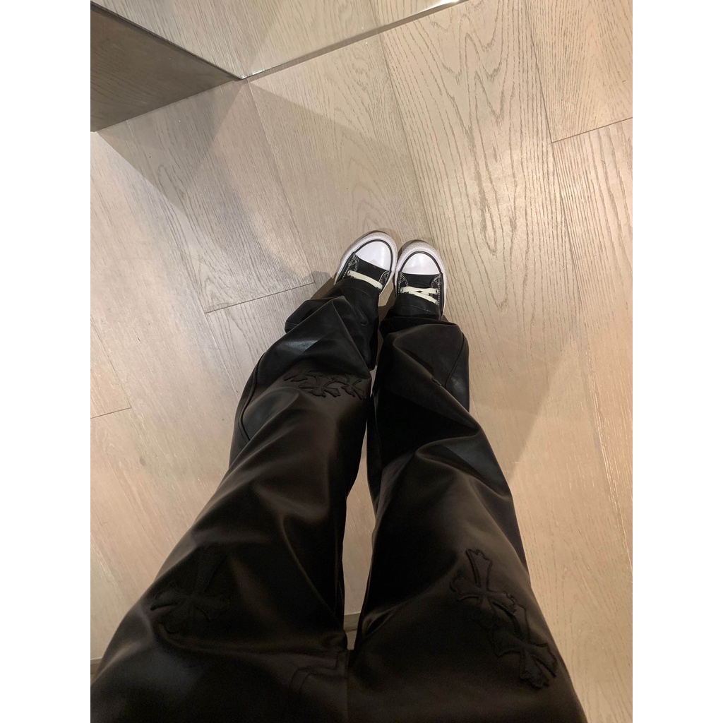 3ENV Chrome Hearts 23 autumn and winter new leather embroidery logo decorative design casual low waist leather pants women's fashion straight pants Women's