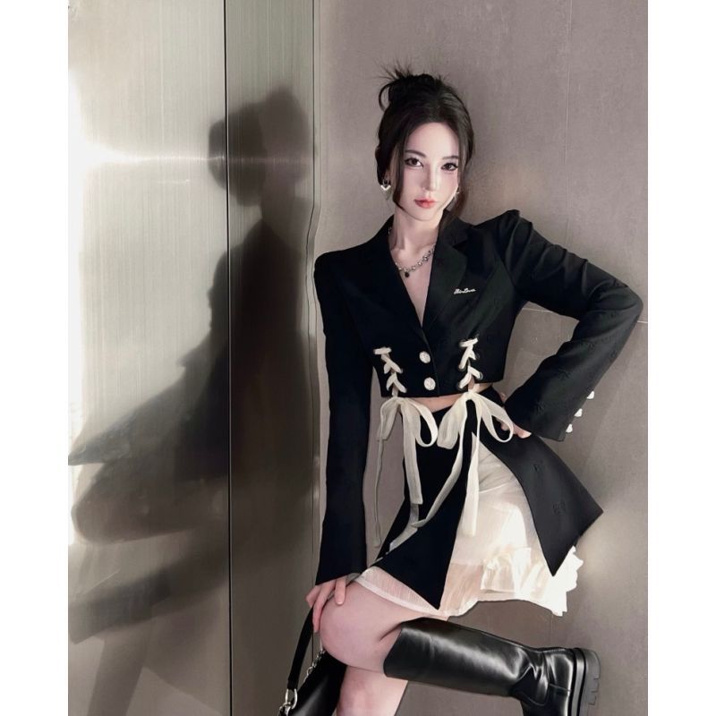 Bộ Áo Vest Thắt Nơ Phối Chân Váy Lưới Ruy Băng Thời Trang Mùa Thu Cho Nữ