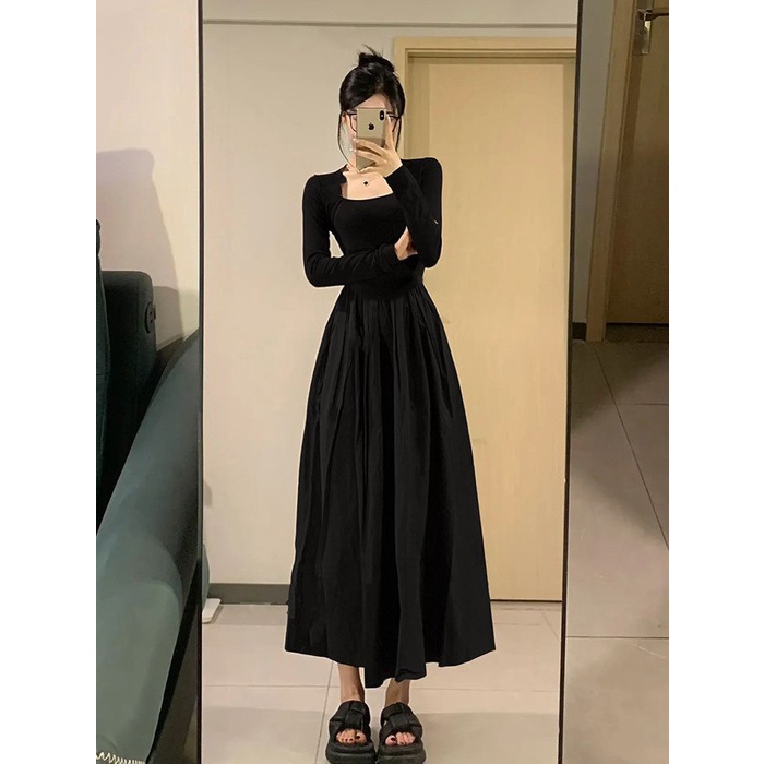 Đầm midi Đen Tay Dài Nhấn Eo Phong Cách Pháp Thời Trang Thu Đông 2023 Cho Nữ