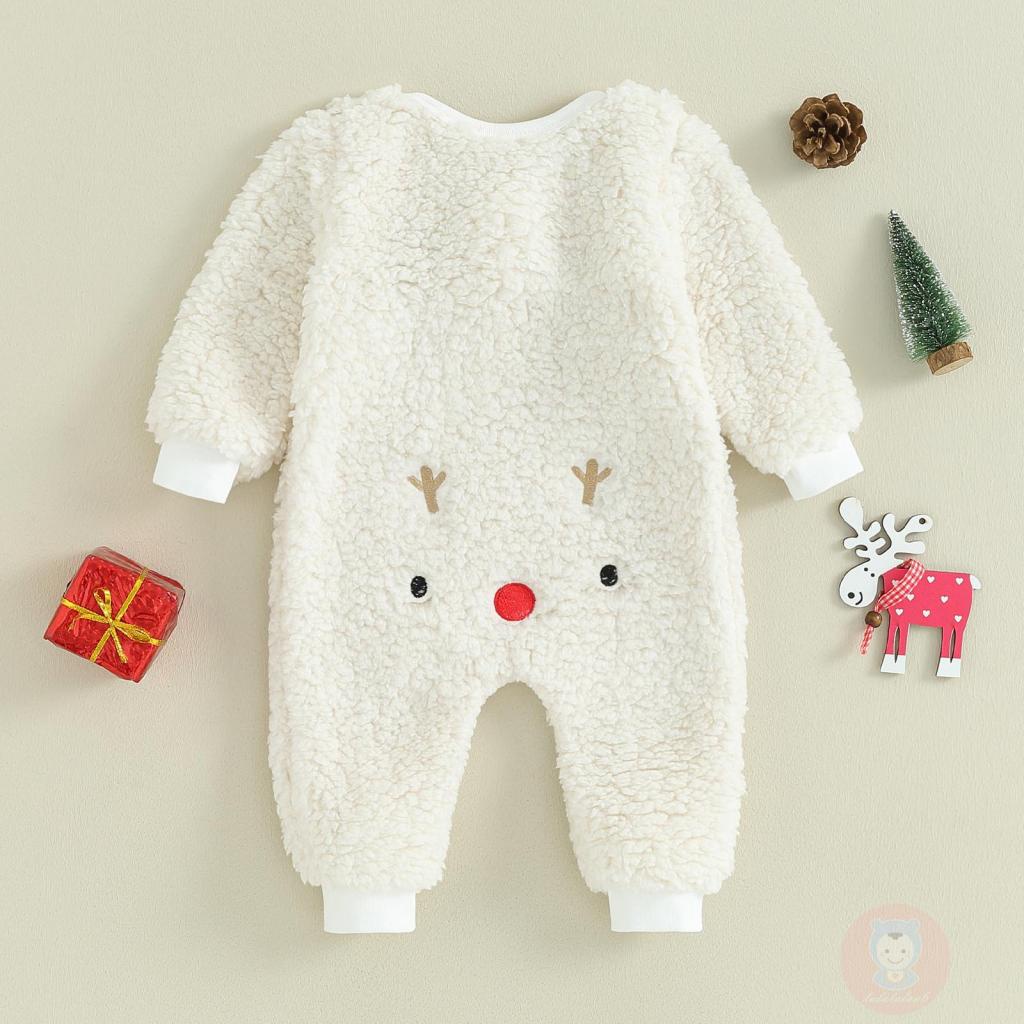 Laa6-baby Áo Liền Quần Dài Tay Cổ Tròn Thêu Hình Hươu Có Khóa Kéo Giáng Sinh