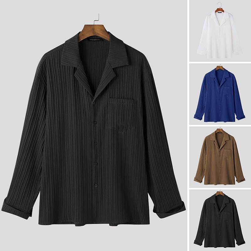 INCERUN Áo Sơ Mi Tay Dài Dáng Rộng Thời Trang Cá Tính Cho Nam