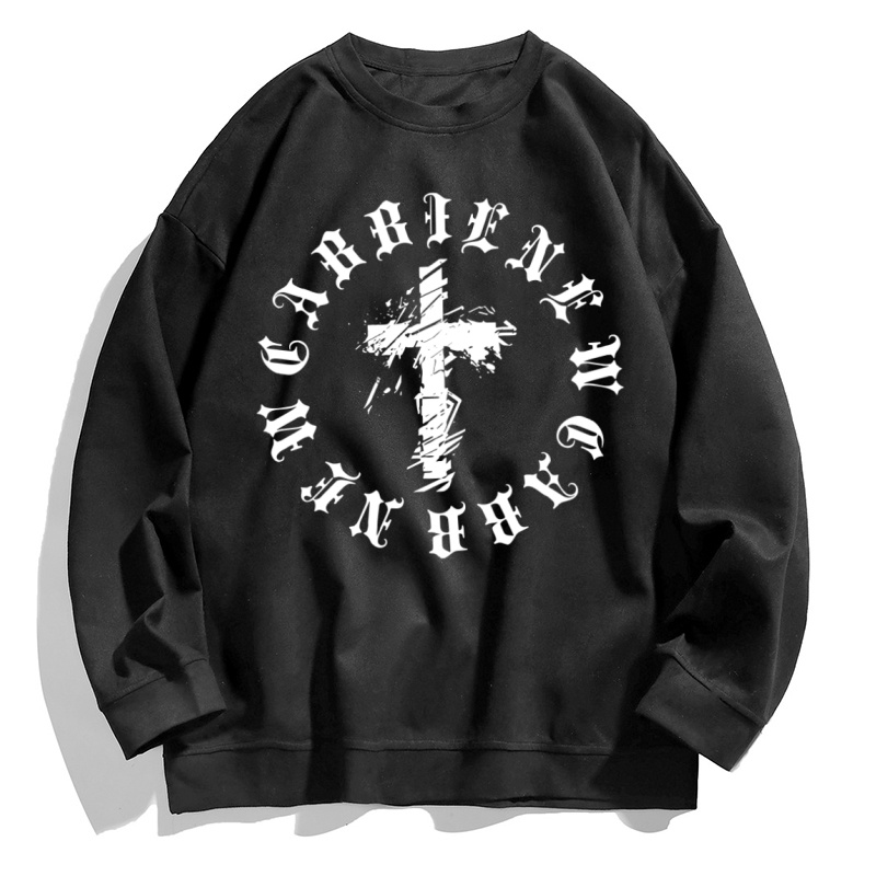 Áo sweater Tay Dài Cổ Tròn Dáng Rộng In Chữ Thập Màu Đen Phong Cách vintage Hợp Thời Trang