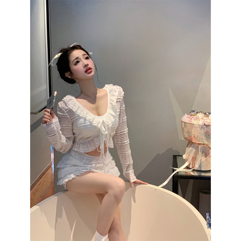 「Nonfatgirl」Pure desire Bộ Áo Sơ Mi Ren Bèo Nhún + Chân Váy Tầng Ngắn Lưng Cao Ôm Dáng Phối Bèo Ngọt Ngào Xinh Xắn