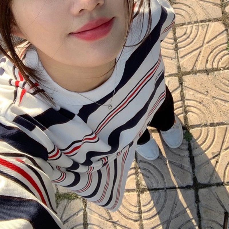 HANLU Áo Nỉ Dài Tay Họa Tiết Kẻ Sọc Ngang Thời Trang retro Cho Nữ