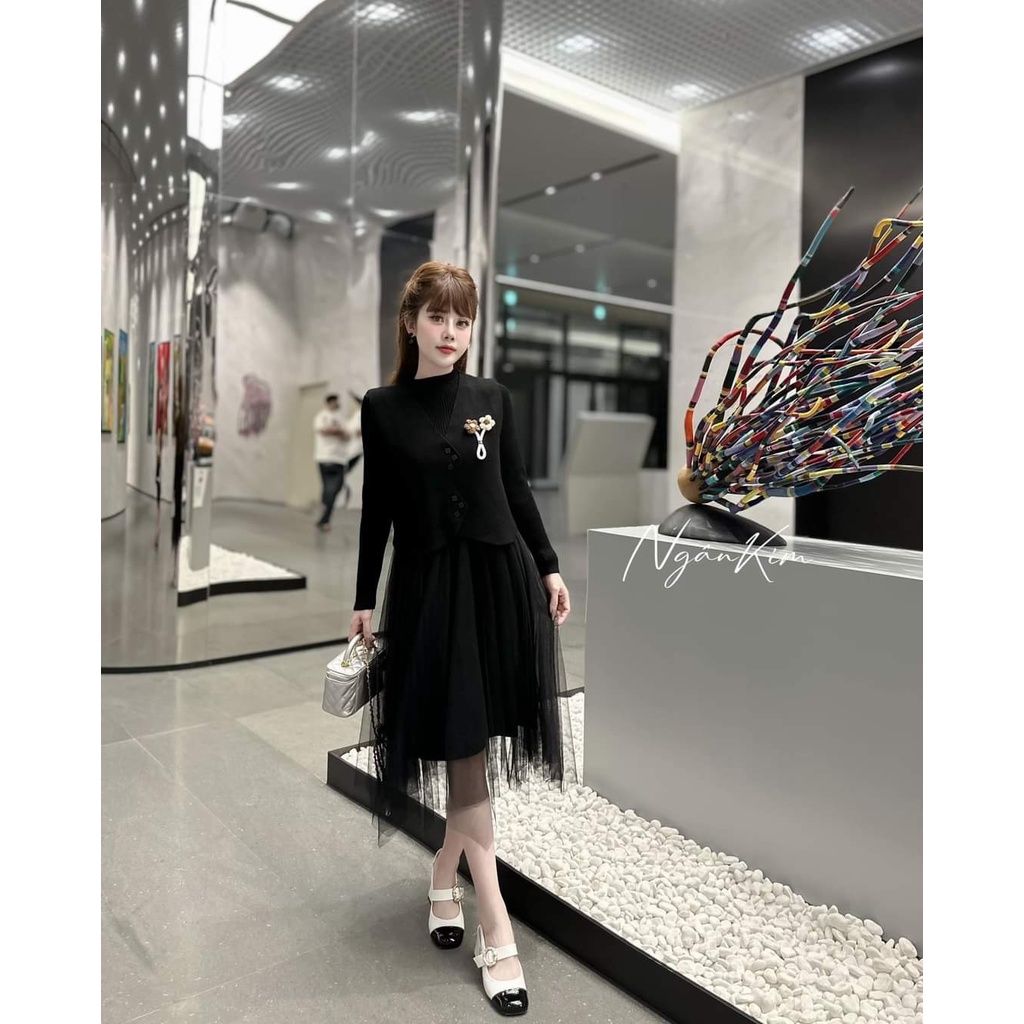 Set váy len chân voan áo gile hoa nhỏ hàng QC