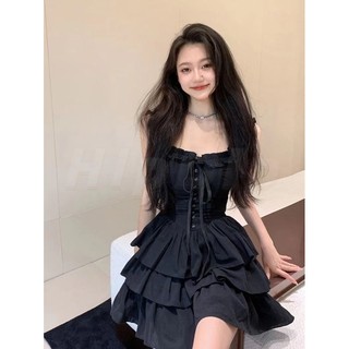 Váy BabyDoll Đầm dự tiệc Charm Đầm Hai Dây Một Tầng Hở Vai Màu Trơn Phong Cách Nhẹ Nhàng retro Mùa Hè