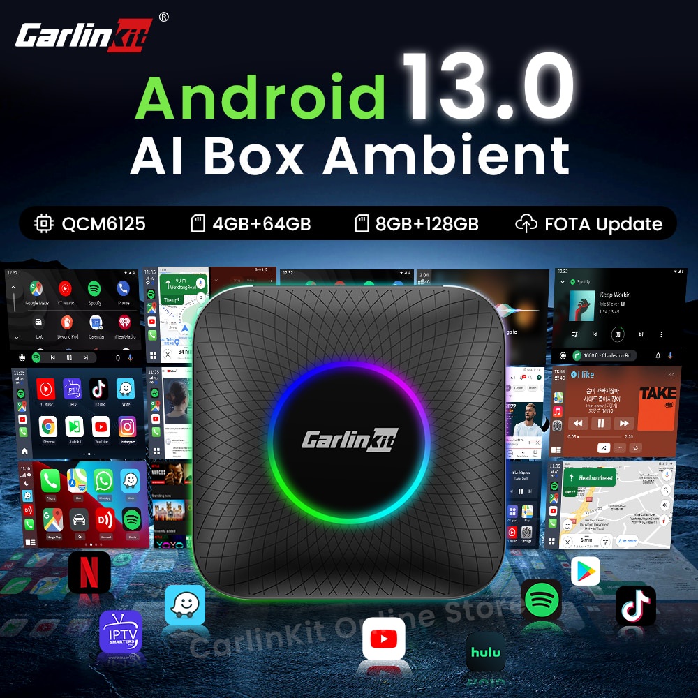 Android box ô tô, hãng Carlinkit phiên bản Ambient 2023 có đèn nền, chip 6225 (Tặng Vietmap S2)