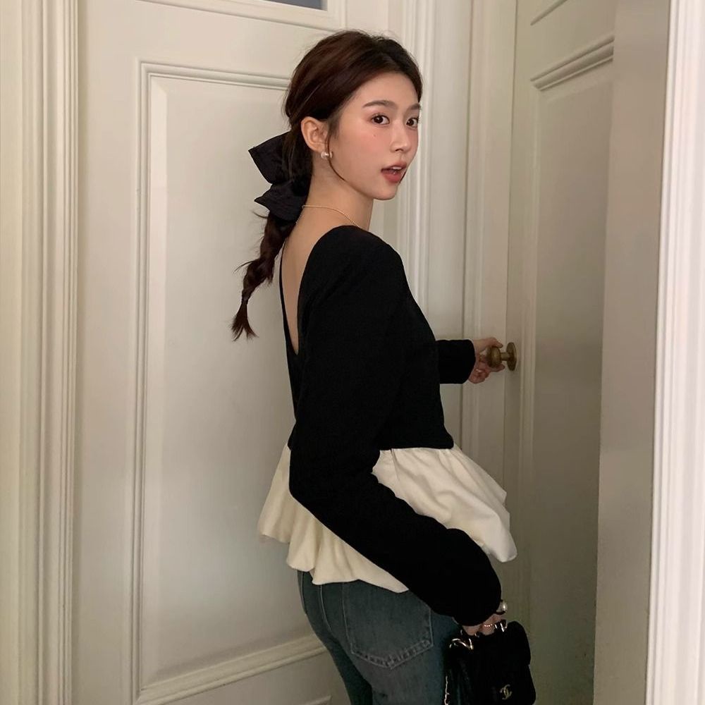 Áo Sơ Mi Dài Tay Cổ Tròn Phối Màu Tương Phản Phong Cách retro Hàn Quốc Thời Trang Mùa Thu Cho Nữ