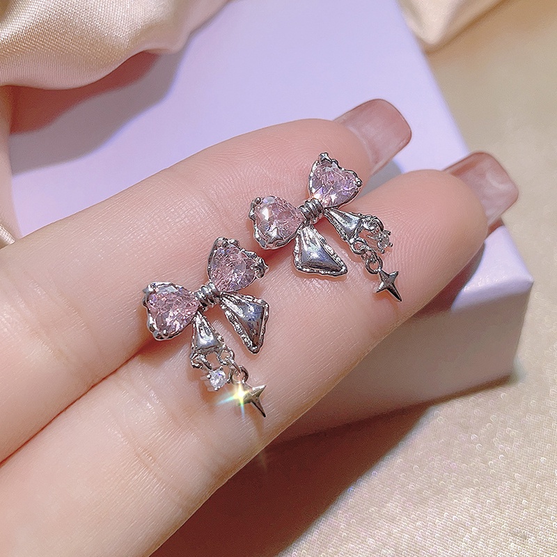 Bông Tai Hình Nơ Đính Đá zircon Màu Hồng Pha Lê Thời Trang Cho Nữ