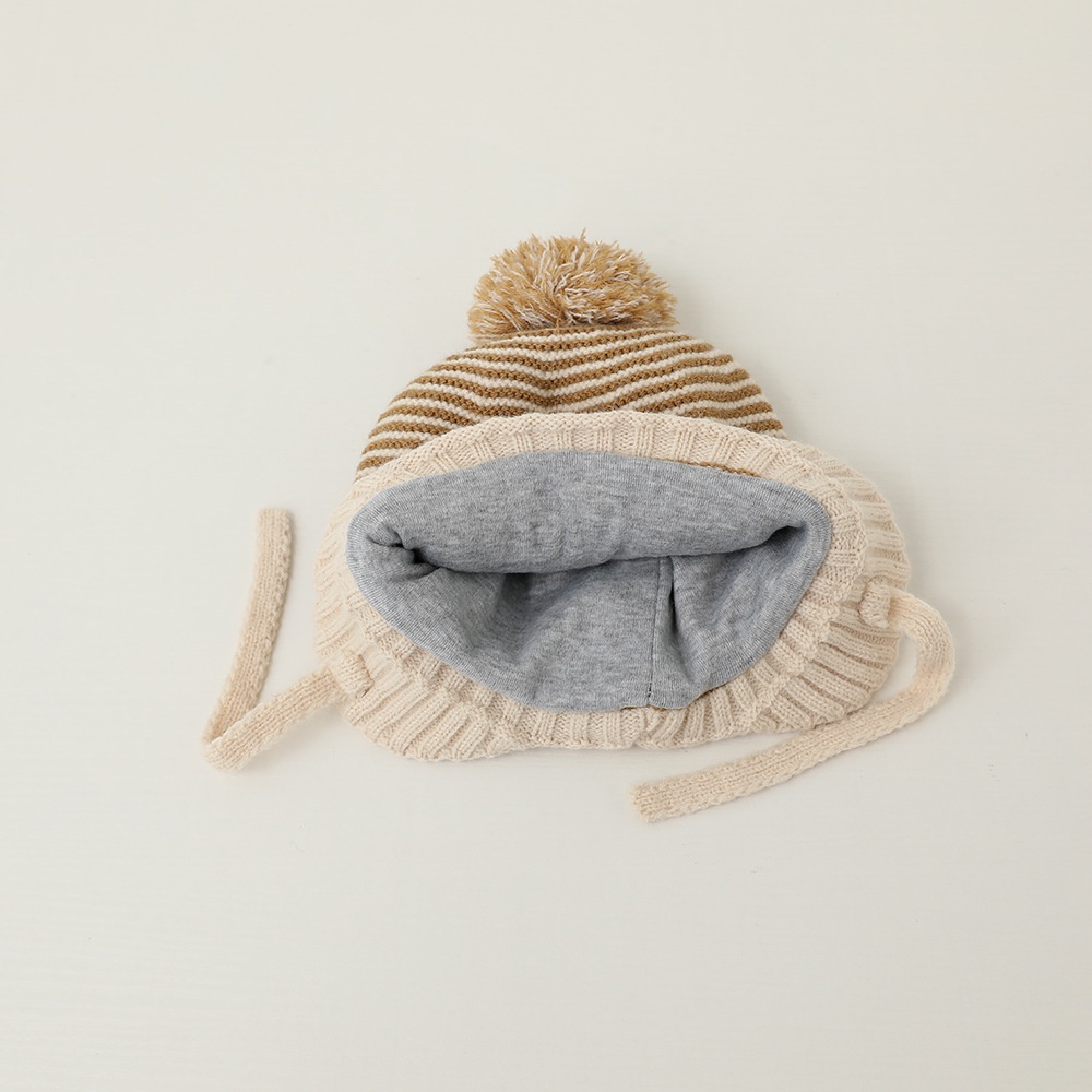 Mũ Len Dệt Kim Giữ Ấm Tai Họa Tiết Kẻ Sọc Đính Quả Bông Dễ Thương Thời Trang Thu Đông Cho Bé